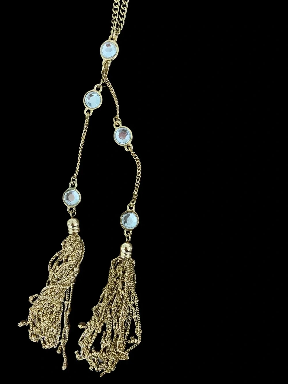 Vintage Gold Tone Tassel Y-Necklace with Clear Stone Accents - Picture 2 of 4